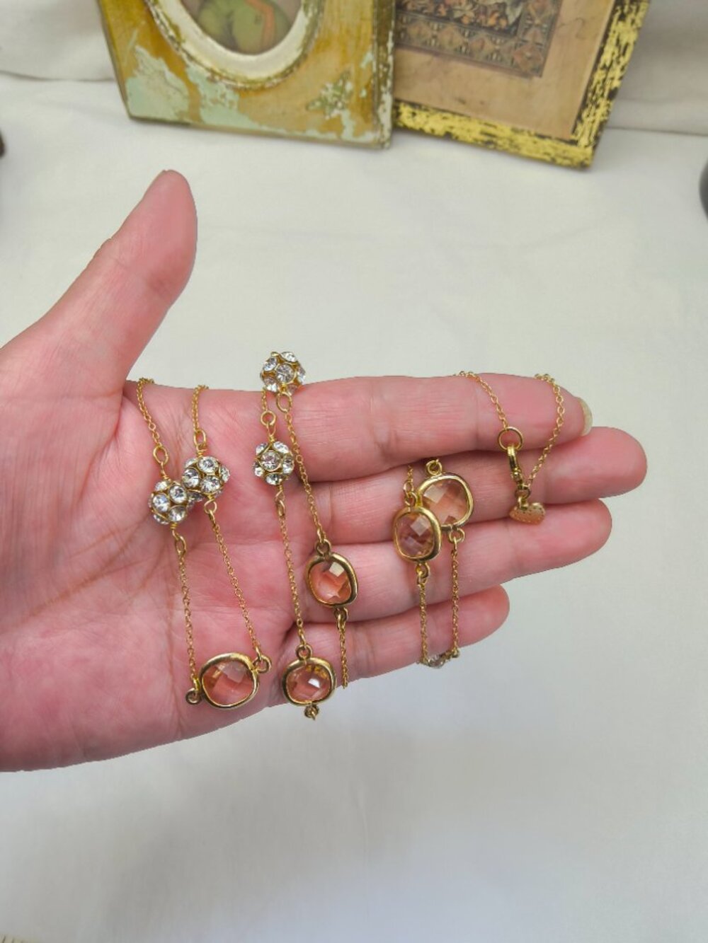 Delicate Rhinestone & Faceted Pink Stone Chain - Picture 8 of 11